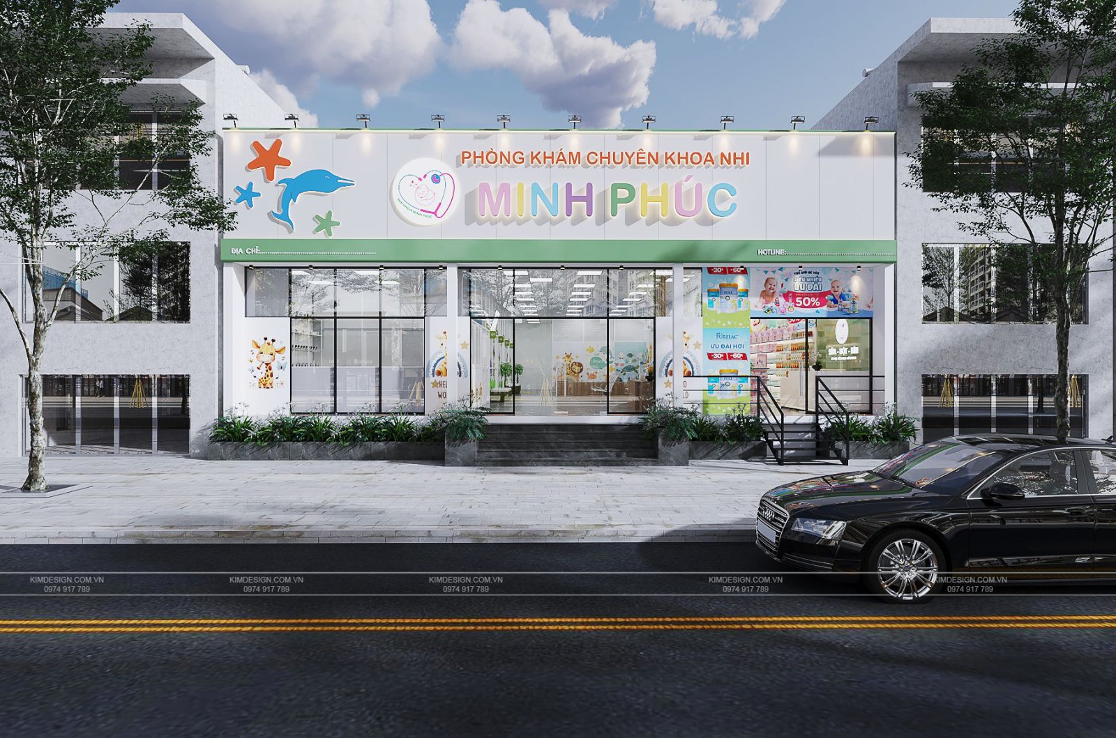 THIẾT KẾ PHÒNG KHÁM NHI ĐỒNG KẾT HỢP SHOP TẢ BỈM SỮA TIỆN ÍCH
