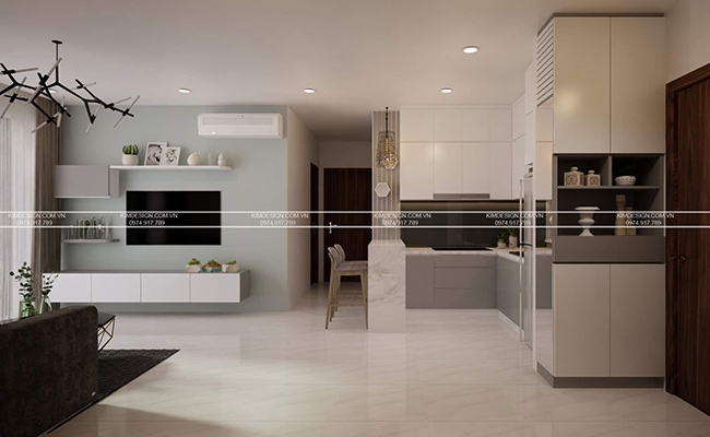 Thiết kế nội thất chung cư đơn giản với khu vực bếp nhỏ, ấm cúng