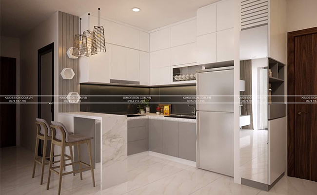 Trên trần bếp được bố trí những chiếc bóng tròn nghệ thuật