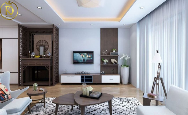 Thiết kế phòng khách chung cư có bàn thờ dạng đứng